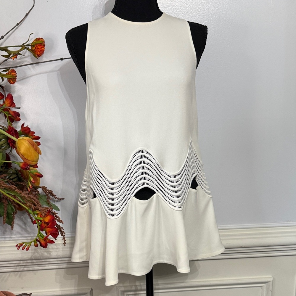 Jonathan Simkhai White Cream Sleeveless Peplum Crochet Latter Blouse S